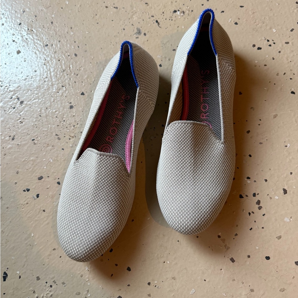 Rothy's Cream Slip-On Flats with Blue Trim